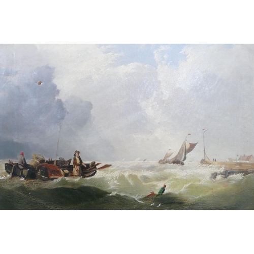 247 - A 19th Century Marine Oil on Canvas depicting sailing and rowing boats in rough seas off jetty, unsi... 