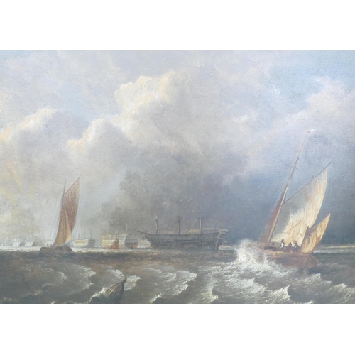 248 - A 19th Century Marine Oil on Board depicting sailing boats with naval frigates behind, unsigned, in ... 