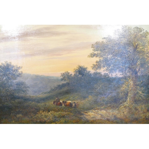 250 - Price? 19th Century Oil on Canvas depicting figures with horses on wooded country road at sunset, in... 