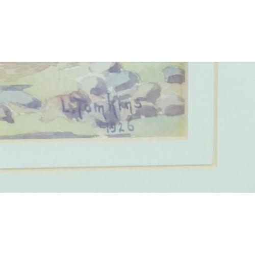 257 - L Tomkins, Eastern Watercolour depicting various figures seated in shack, signed and dated 1926, fra... 