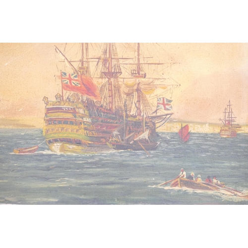 266 - W E Clark, Oil on Canvas depicting British naval frigates, signed in white painted frame, 30.5cm x 4... 