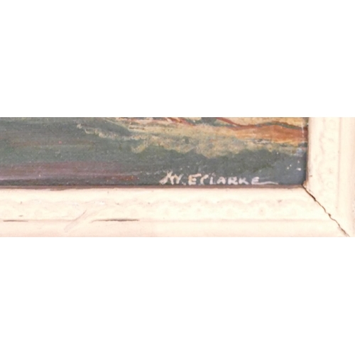 266 - W E Clark, Oil on Canvas depicting British naval frigates, signed in white painted frame, 30.5cm x 4... 