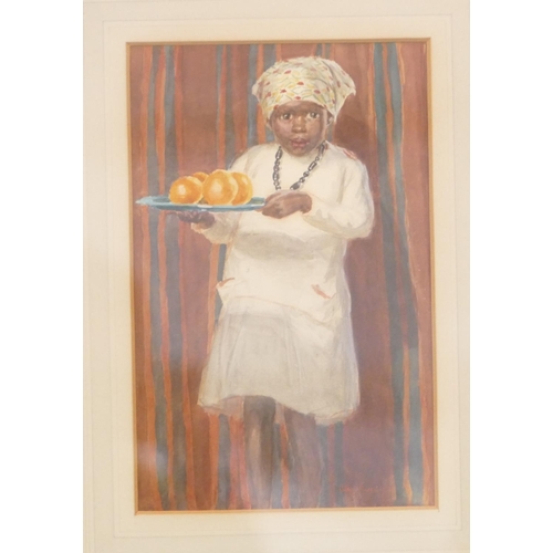 281 - Mary Furniss, Watercolour depicting young girl carrying plate of oranges, signed and in light oak fr... 