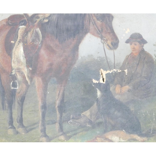 285 - A 19th Century Oil on Canvas depicting games man with horse and his catch, indistinctly signed, in g... 