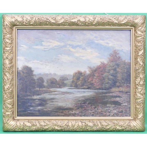 290 - A 19th Century Oil on Canvas depicting wooded river landscape indistinctly signed and dated, in gilt... 