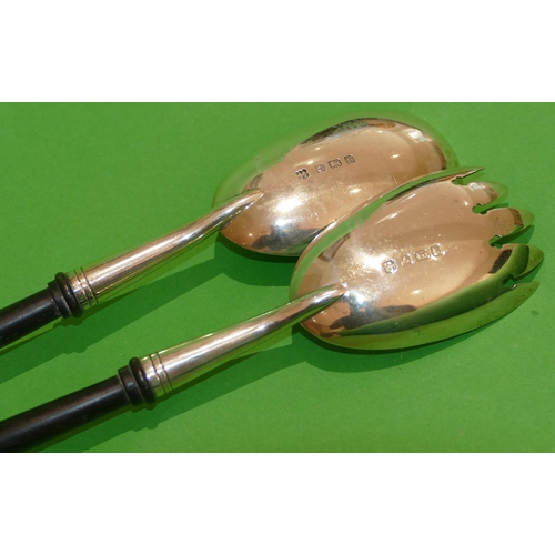 300 - A Pair of Edward VII Silver Salad Servers having ebony handles, Birmingham 1906, maker A&J Zimmerman... 