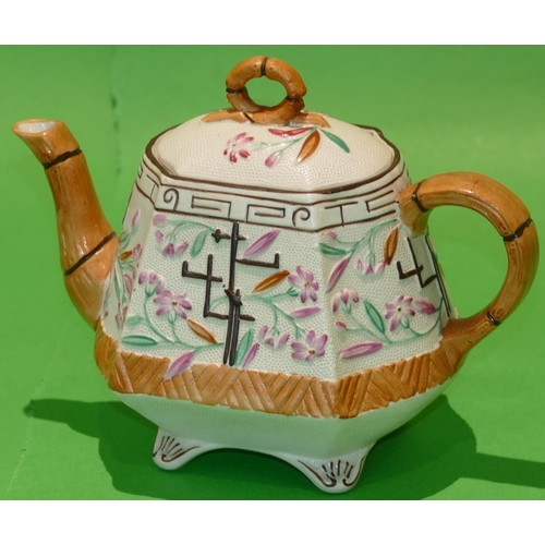 36 - A 19th Century Glazed Earthenware Hexagonal Teapot on cream ground with raised multicoloured floral ... 