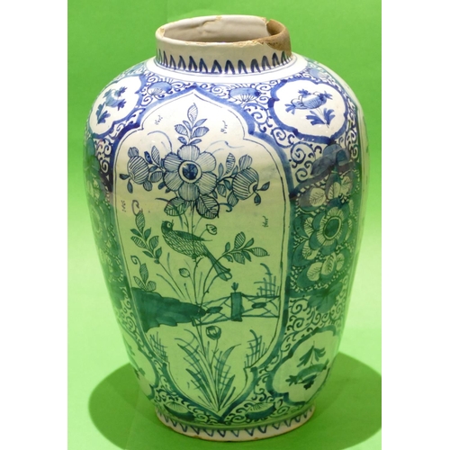 45 - A Delft Blue and White Round Bulbous Thin Necked Vase having all over perched bird, fence, floral, l... 