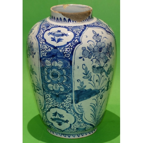 45 - A Delft Blue and White Round Bulbous Thin Necked Vase having all over perched bird, fence, floral, l... 