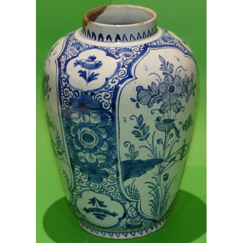 45 - A Delft Blue and White Round Bulbous Thin Necked Vase having all over perched bird, fence, floral, l... 