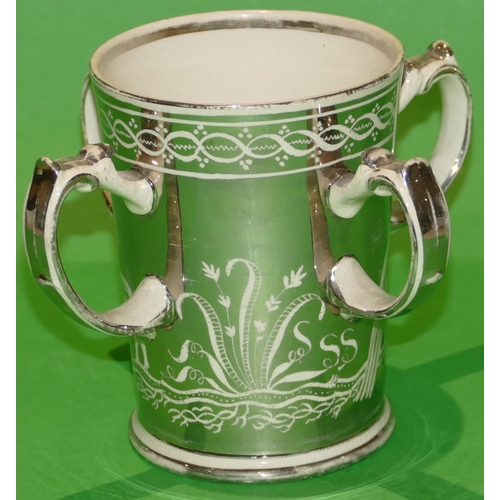 47 - A Wedgwood Style Silvered 4 Handled Loving Cup depicting Stag, bird, floral and scroll decoration, 1... 