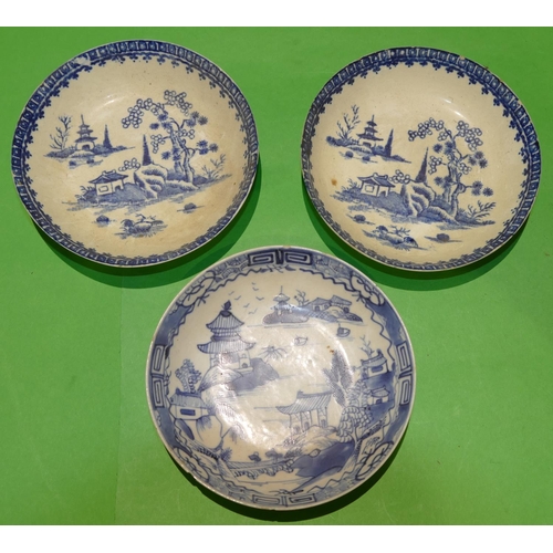 53 - An 18/19th Century English Blue and White Saucer having oriental river landscape decoration, 14cm di... 