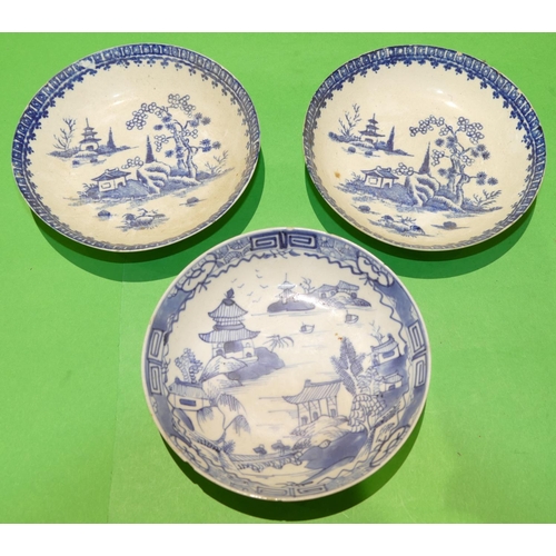 53 - An 18/19th Century English Blue and White Saucer having oriental river landscape decoration, 14cm di... 