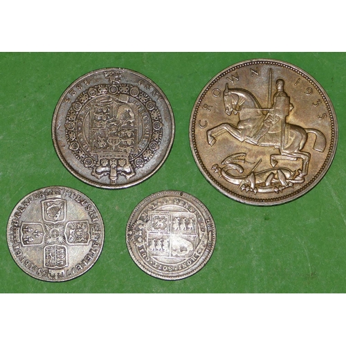 536 - A George II Silver Coin 1758, a George III silver coin 1823, a Victorian silver coin 1887 and a Geor... 