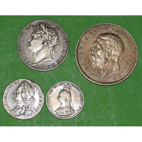 536 - A George II Silver Coin 1758, a George III silver coin 1823, a Victorian silver coin 1887 and a Geor... 