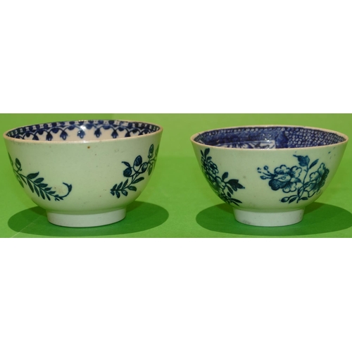 54 - 2 x 18/19th Century English Blue and White Tea Bowls having floral, leaf and scroll decoration (2).