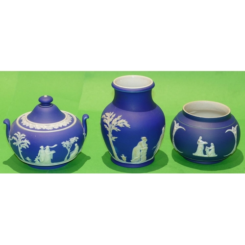 57 - A Wedgwood Jasperware Round Bulbous Shaped Lidded Sugar Bowl having figure decoration, a similar rou... 