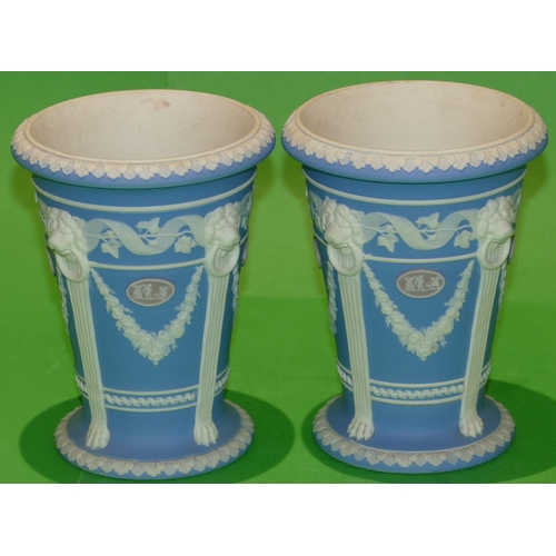 60 - A Pair of Wedgwood Jasperware Round Trumpet Shaped Urns having raised plaques, swag, lion head ring ... 