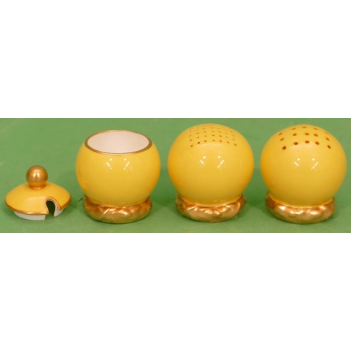 64 - A Royal Worcester 3 Piece Ball Shaped Condiments on yellow ground having gilt bases, comprising lidd... 