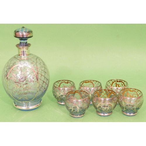 75 - A Venetian Pale Blue Liqueur Set comprising round bulbous shaped decanter with stopper, having all o... 