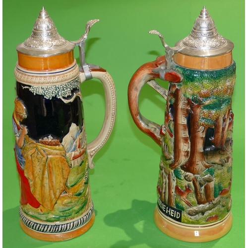 9 - A German Earthenware Tall Beer Stein having fox shaped handles with all over raised hunting scene de... 