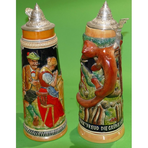 9 - A German Earthenware Tall Beer Stein having fox shaped handles with all over raised hunting scene de... 