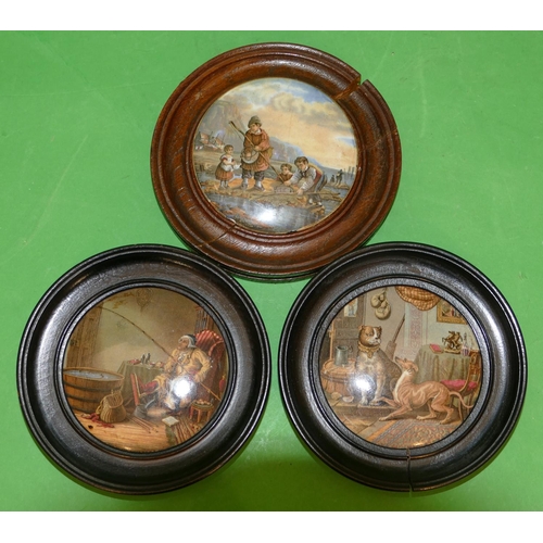 90 - 3 x China Pot Lids depicting elderly gentleman fishing indoors, 2 x dogs playing and children collec... 