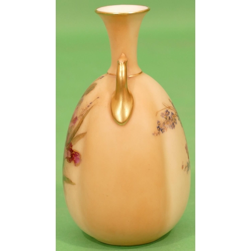 10 - A Royal Worcester Blush Round Bulbous Thin Necked 2 Handled Trumpet Shaped Vase having multicoloured... 