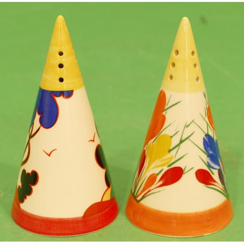 112 - 2 x Moorland Staffordshire Reproduction Clarice Cliff Style Conical shaped sugar casters 