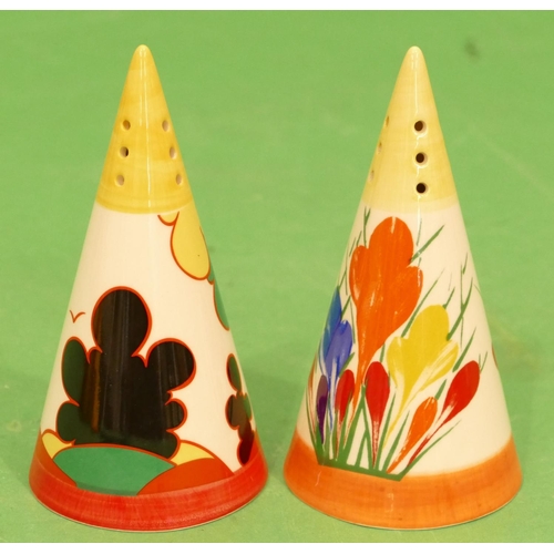 112 - 2 x Moorland Staffordshire Reproduction Clarice Cliff Style Conical shaped sugar casters 