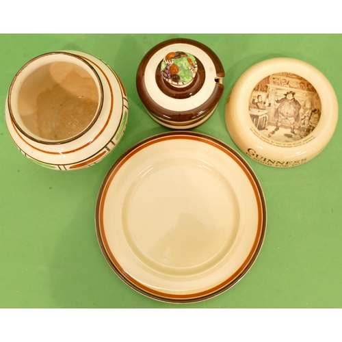 118 - An Ashtead Pottery Round Jam Pot and cover on white and brown ground having fruit basket shaped fini... 