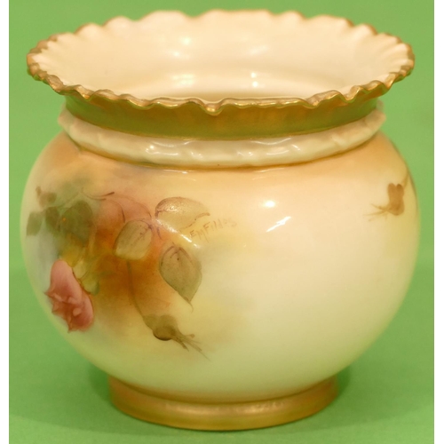 12 - A Royal Worcester EM Fildes Round Bulbous Trumpet Shaped Pot having crinkled rim having multicoloure... 