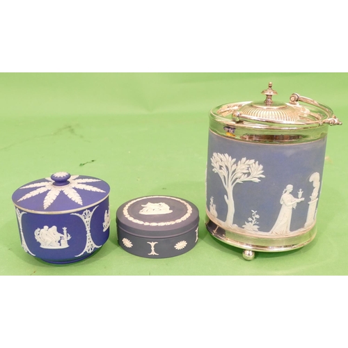 121 - A Wedgwood Jasperware Cylindrical Biscuit Barrel having silver plated swing overhead handle, cover a... 