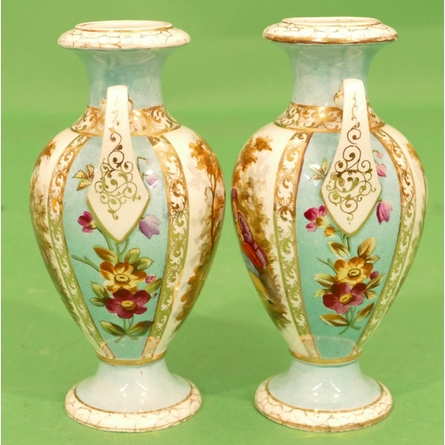 122 - A Pair of Dresden Round Bulbous 2 Handled Thin Necked Trumpet Shaped Vases on turquoise ground havin... 