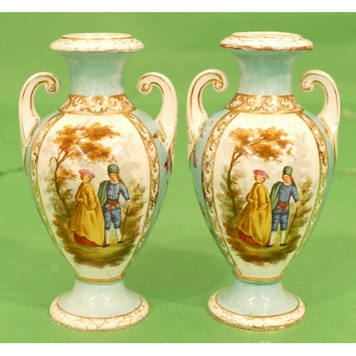 122 - A Pair of Dresden Round Bulbous 2 Handled Thin Necked Trumpet Shaped Vases on turquoise ground havin... 