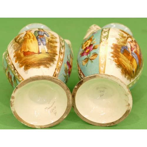 122 - A Pair of Dresden Round Bulbous 2 Handled Thin Necked Trumpet Shaped Vases on turquoise ground havin... 