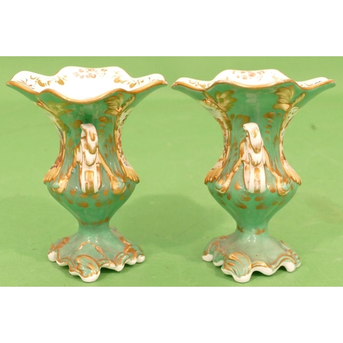 124 - A Pair of 19th Century Paris Porcelain Bulbous Trumpet Shaped 2 Handled Vases on green ground with m... 