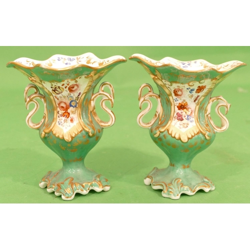 124 - A Pair of 19th Century Paris Porcelain Bulbous Trumpet Shaped 2 Handled Vases on green ground with m... 