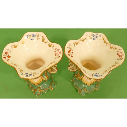 124 - A Pair of 19th Century Paris Porcelain Bulbous Trumpet Shaped 2 Handled Vases on green ground with m... 