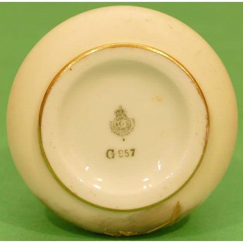 14 - A Royal Worcester Round Thin Necked Small Vase having crinkled rim on cream ground with multicoloure... 