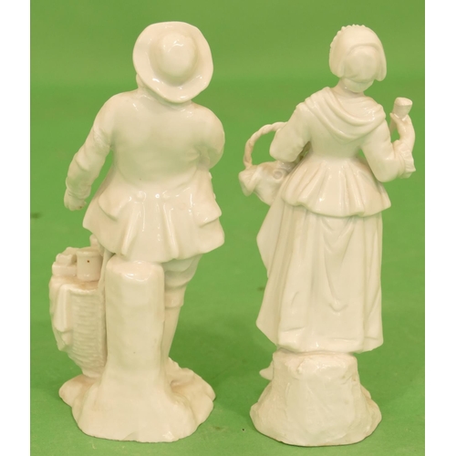 155 - A Pair of Vienna White Porcelain Figures of gentleman and lady street sellers, largest 17cm high.