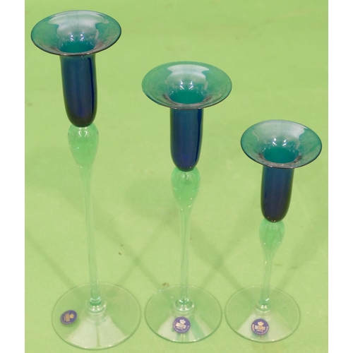 16 - 3 x Royal Copenhagen Clear and Blue Glass Graduated Candlesticks, largest 30cm high (3).