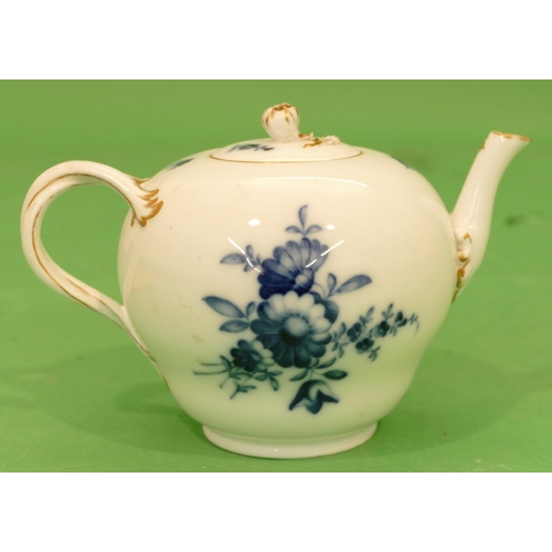 167 - A Meissen Round Bulbous Shaped Teapot on white and blue ground with rose, leaf and gilt decoration (... 