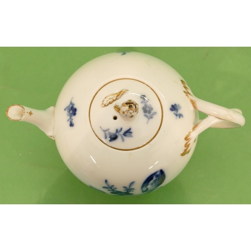 167 - A Meissen Round Bulbous Shaped Teapot on white and blue ground with rose, leaf and gilt decoration (... 