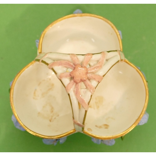 169 - A Meissen 3 Sectioned Scallop Shaped Sweetmeat Dish having fixed overhead handle, with encrusted flo... 