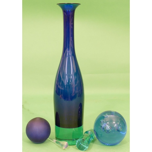 17 - Holme Gaard Blue Glass round Bulbous Thin Necked Decanter with stopper, 49cm high, a blue glass ball... 