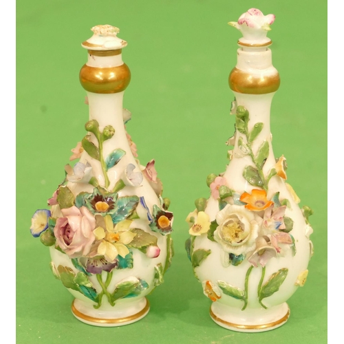 170 - 2 x Meissen Round Bulbous Thin Necked Lidded Scent Bottles having encrusted floral and leaf decorati... 