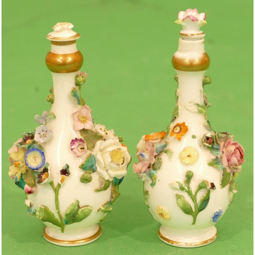 170 - 2 x Meissen Round Bulbous Thin Necked Lidded Scent Bottles having encrusted floral and leaf decorati... 