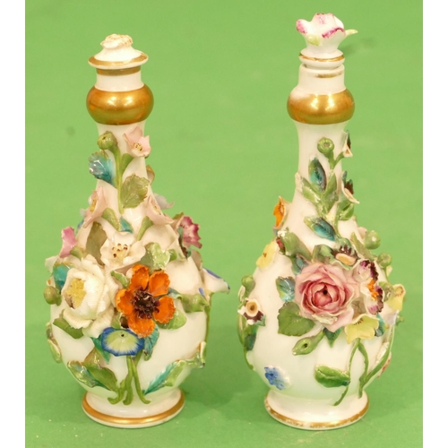 170 - 2 x Meissen Round Bulbous Thin Necked Lidded Scent Bottles having encrusted floral and leaf decorati... 