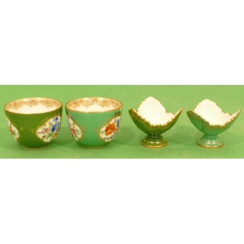 171 - A Pair of Meissen Tea Bowls on white and green ground with hand painted floral, leaf and gilt decora... 